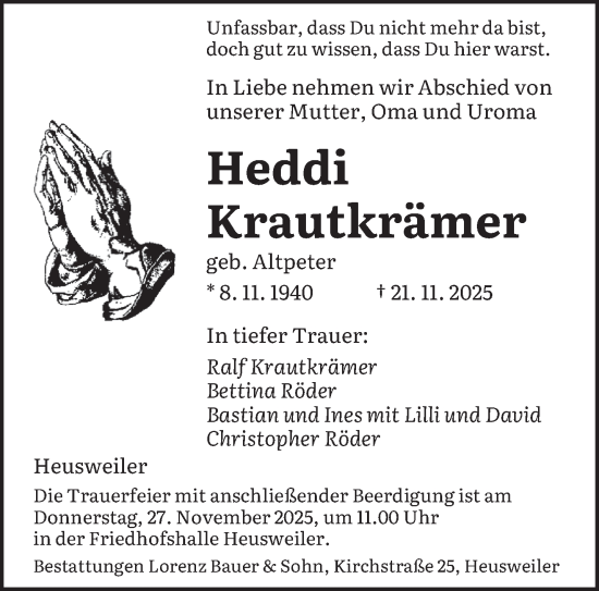 Traueranzeige von Heddi Krautkrämer von saarbruecker_zeitung