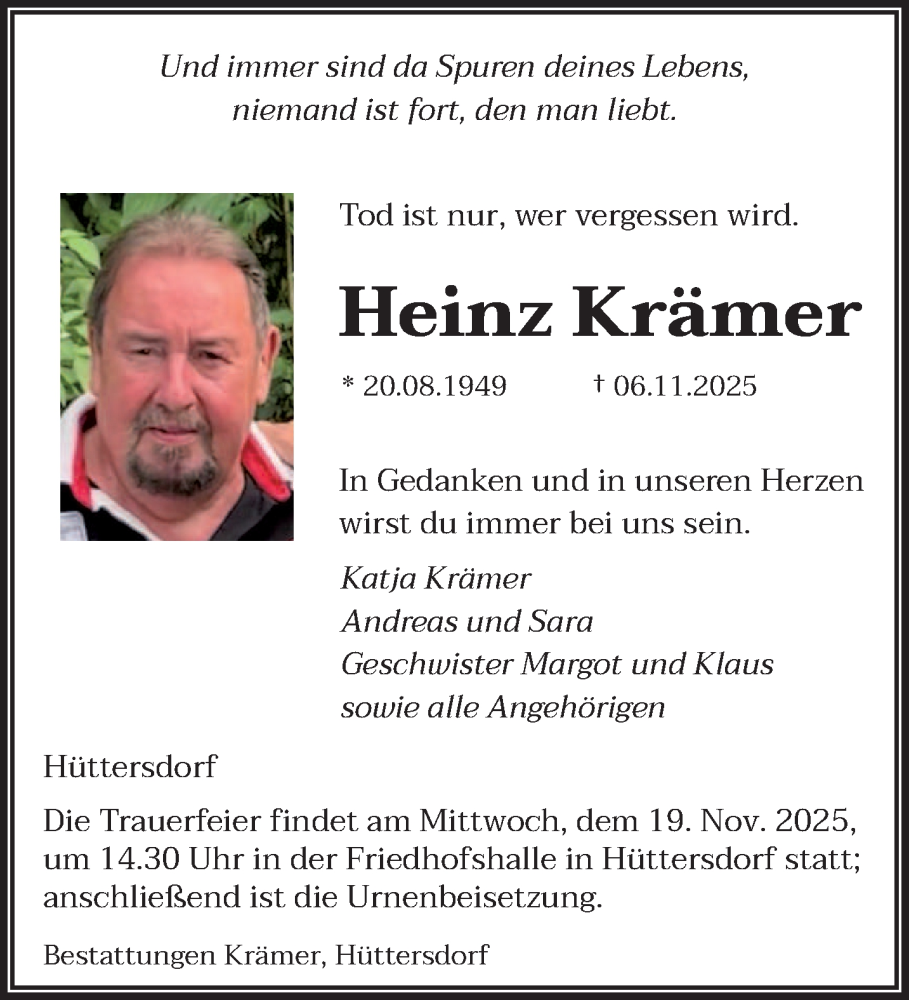  Traueranzeige für Heinz Krämer vom 15.11.2025 aus saarbruecker_zeitung