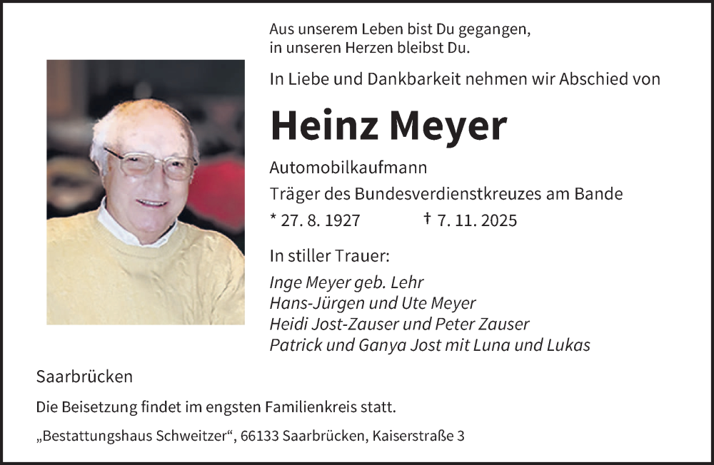  Traueranzeige für Heinz Meyer vom 15.11.2025 aus saarbruecker_zeitung