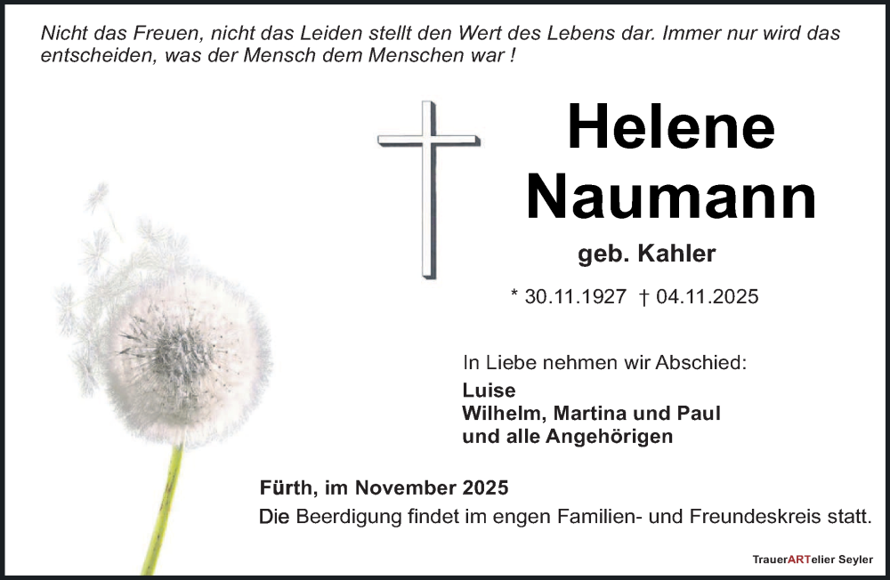  Traueranzeige für Helene Naumann vom 11.11.2025 aus saarbruecker_zeitung