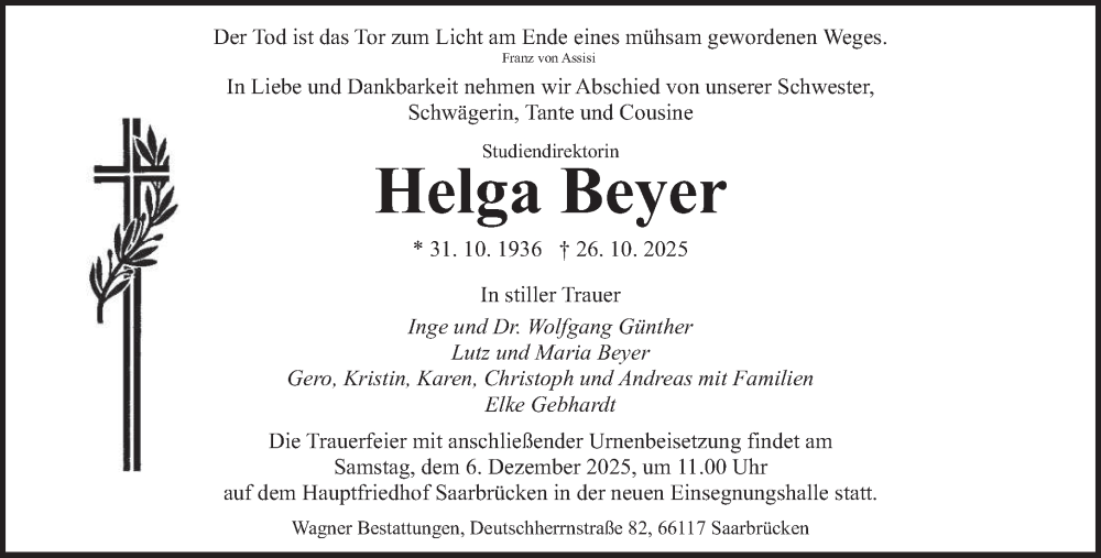  Traueranzeige für Helga Beyer vom 29.11.2025 aus saarbruecker_zeitung