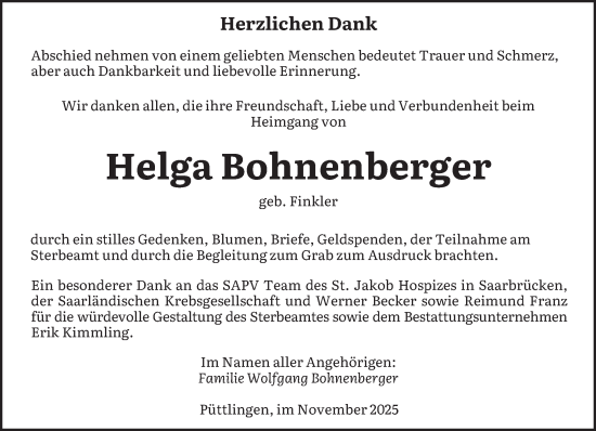 Traueranzeige von Helga Bohnenberger von saarbruecker_zeitung