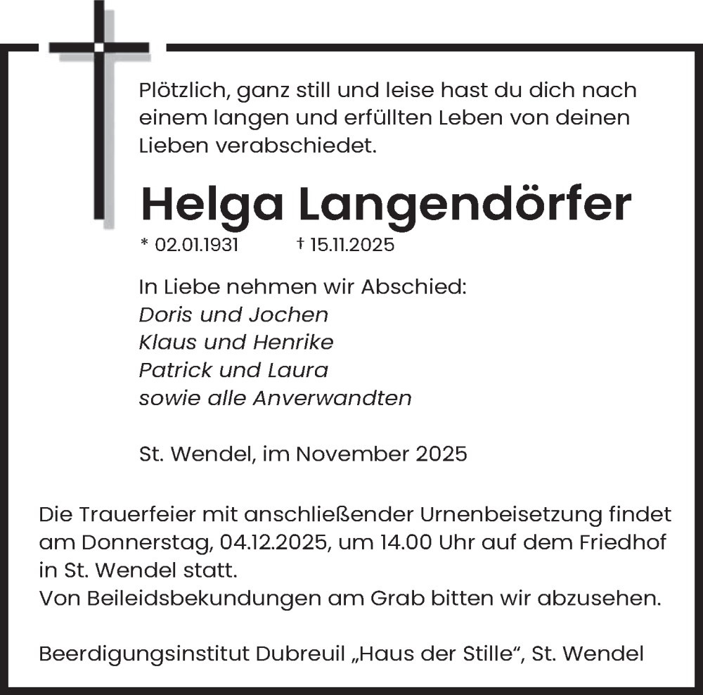  Traueranzeige für Helga Langendörfer vom 29.11.2025 aus saarbruecker_zeitung