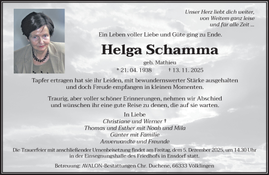 Traueranzeige von Helga Schamma von saarbruecker_zeitung