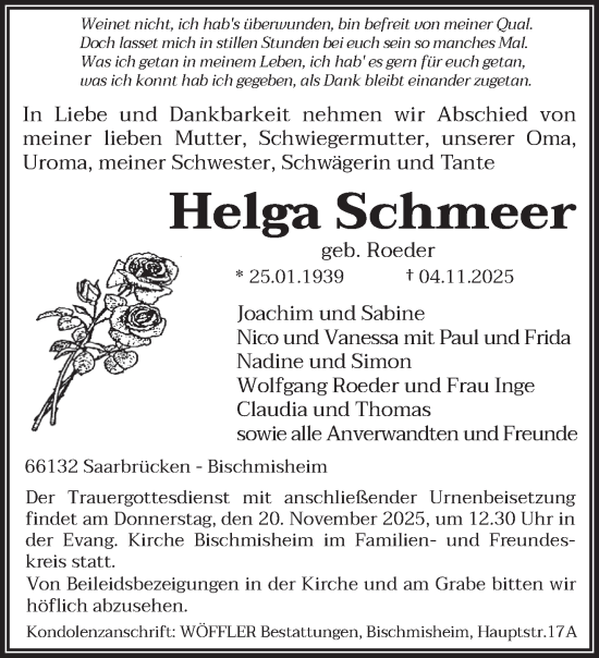 Traueranzeige von Helga Schmeer von saarbruecker_zeitung