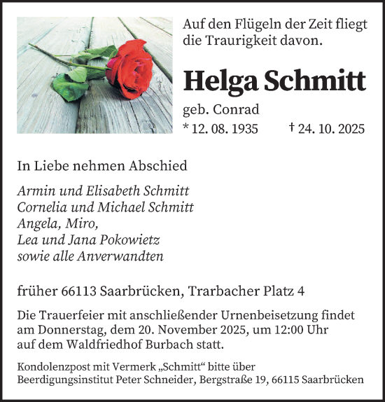 Traueranzeige von Helga Schmitt von saarbruecker_zeitung