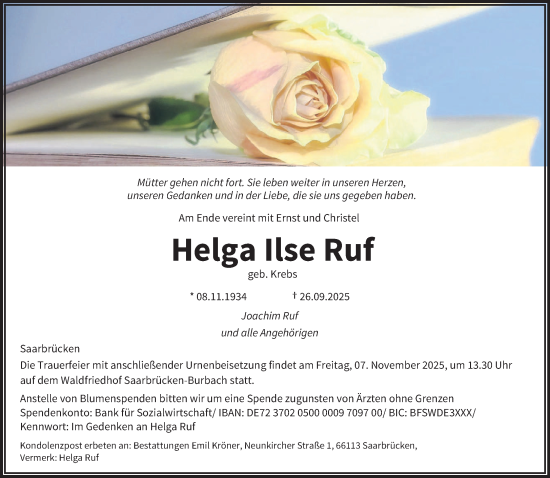 Traueranzeige von Helga Ilse Ruf von saarbruecker_zeitung