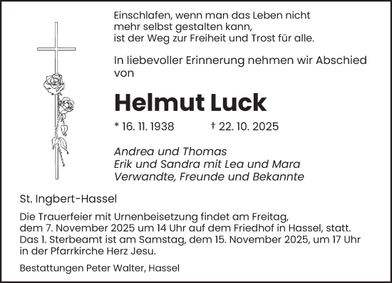 Traueranzeige von Helmut Luck von saarbruecker_zeitung