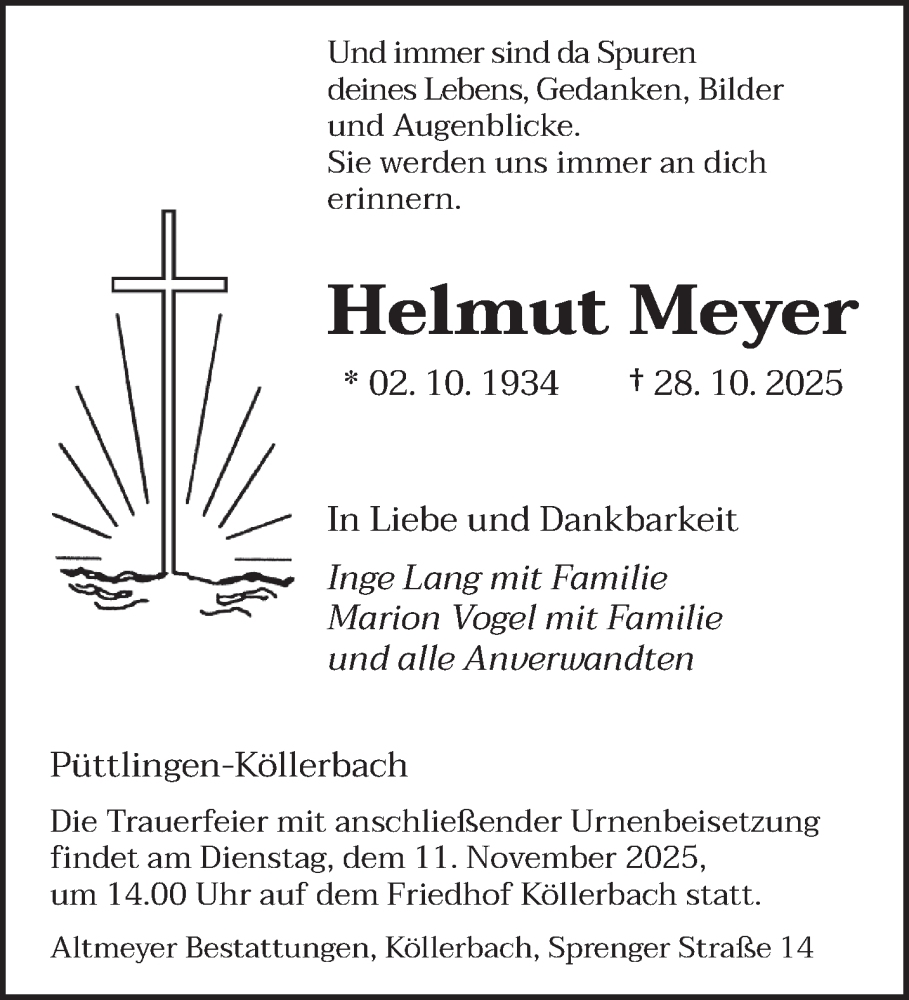  Traueranzeige für Helmut Meyer vom 08.11.2025 aus saarbruecker_zeitung