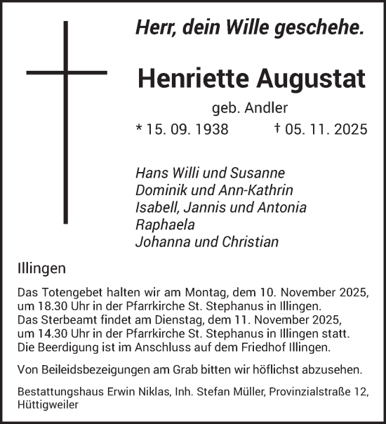 Traueranzeige von Henriette Augustat von saarbruecker_zeitung