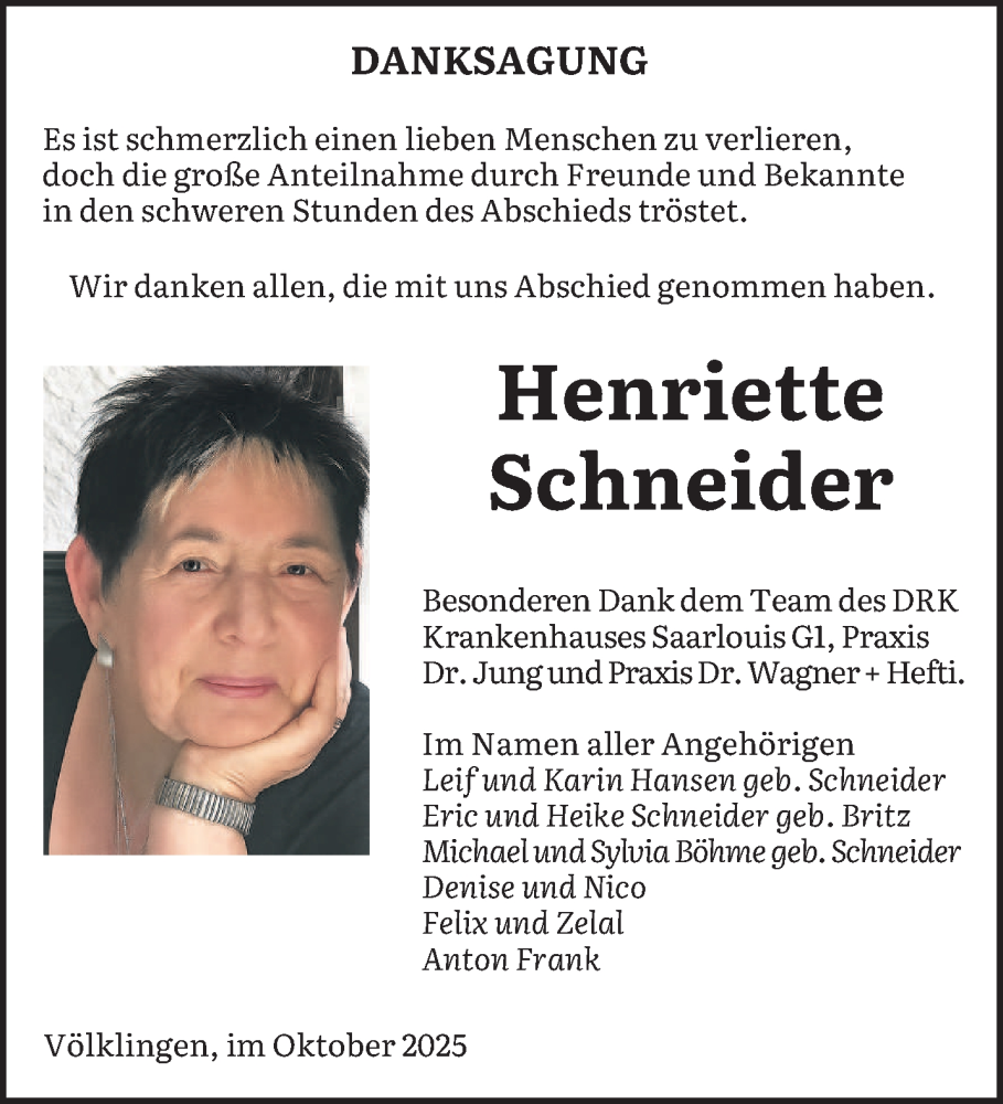  Traueranzeige für Henriette Schneider vom 31.10.2025 aus saarbruecker_zeitung