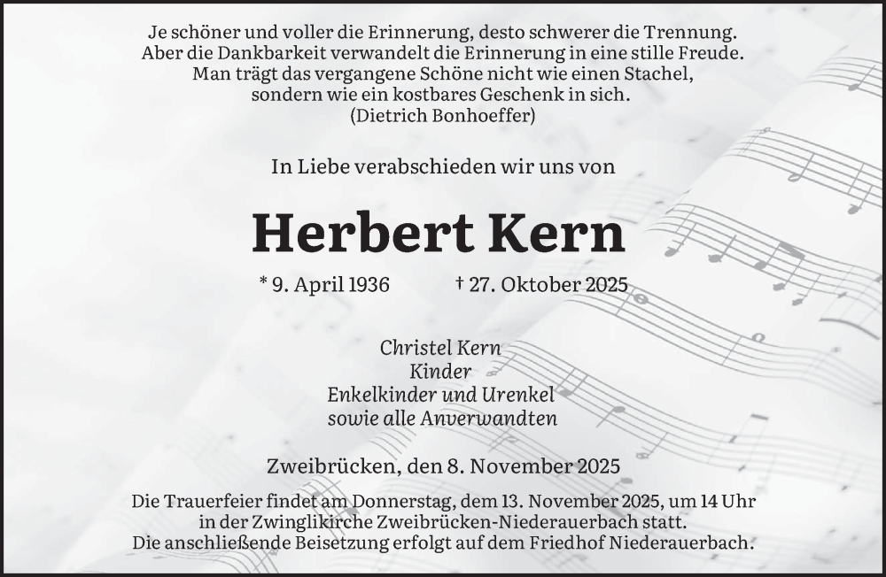  Traueranzeige für Herbert Kern vom 08.11.2025 aus saarbruecker_zeitung