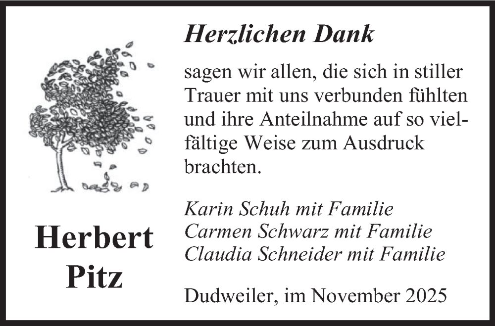  Traueranzeige für Herbert Pitz vom 29.11.2025 aus saarbruecker_zeitung