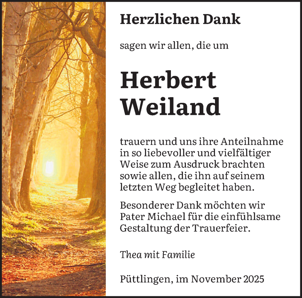  Traueranzeige für Herbert Weiland vom 31.10.2025 aus saarbruecker_zeitung