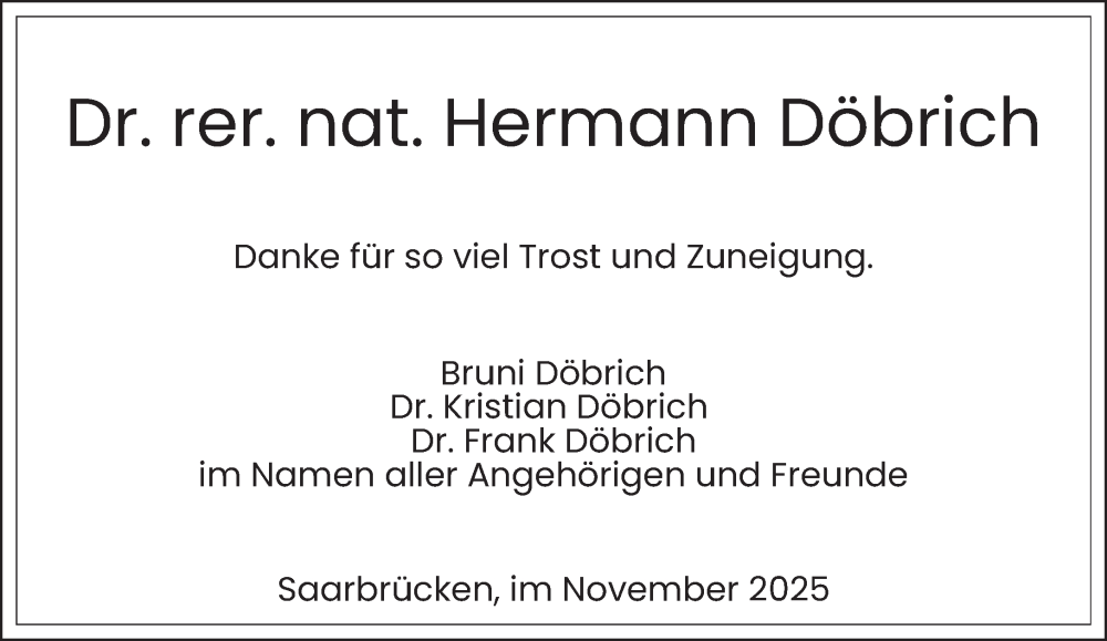  Traueranzeige für Hermann Döbrich vom 12.11.2025 aus saarbruecker_zeitung