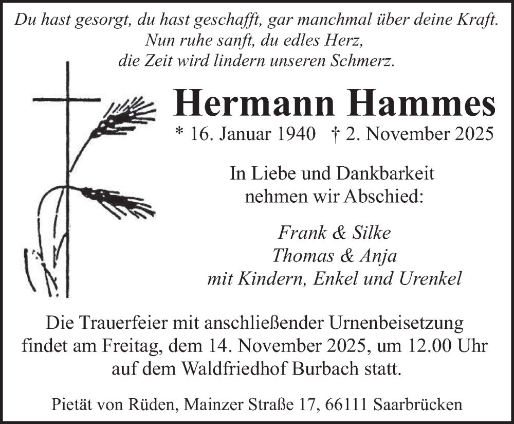  Traueranzeige für Hermann Hammes vom 08.11.2025 aus saarbruecker_zeitung