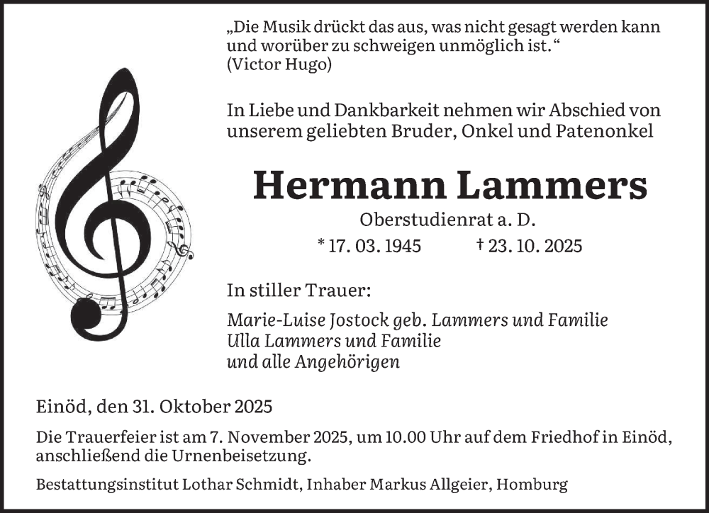  Traueranzeige für Hermann Lammers vom 31.10.2025 aus saarbruecker_zeitung