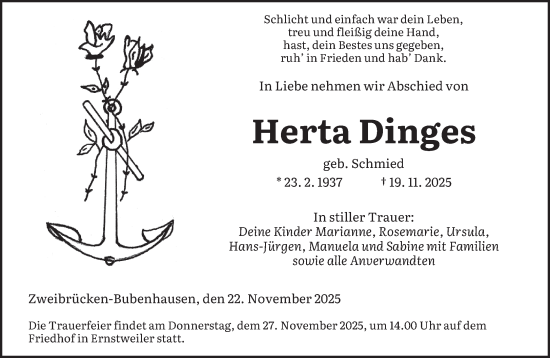 Traueranzeige von Herta Dinges von saarbruecker_zeitung