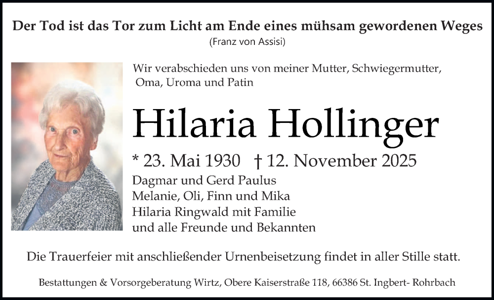  Traueranzeige für Hilaria Hollinger vom 22.11.2025 aus saarbruecker_zeitung