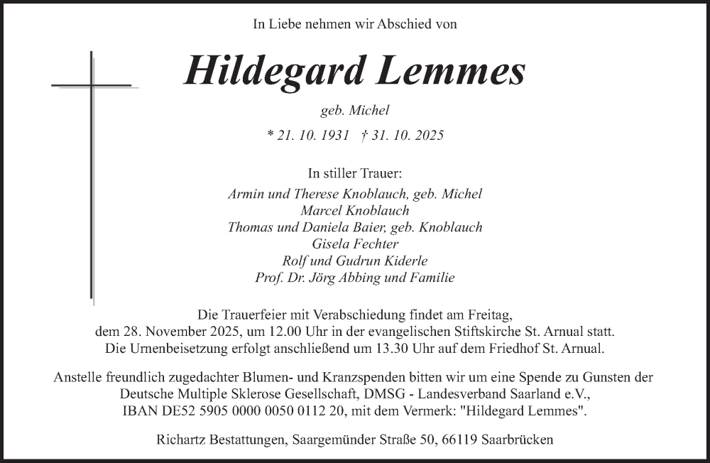  Traueranzeige für Hildegard Lemmes vom 22.11.2025 aus saarbruecker_zeitung