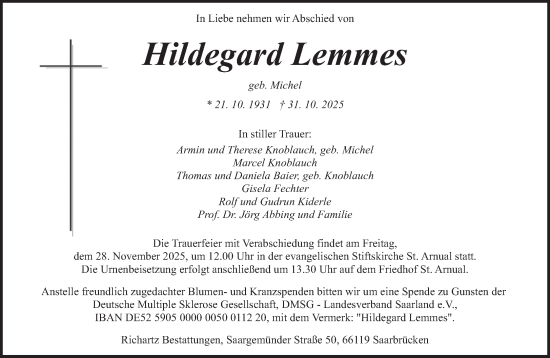 Traueranzeige von Hildegard Lemmes von saarbruecker_zeitung