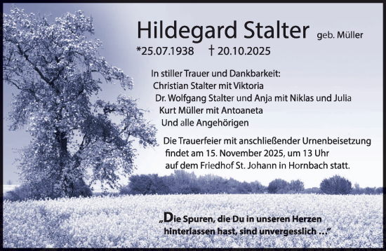 Traueranzeige von Hildegard Stalter von saarbruecker_zeitung