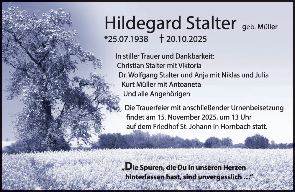 Traueranzeige für Hildegard Stalter vom 08.11.2025 aus saarbruecker_zeitung
