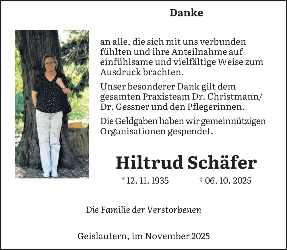  Traueranzeige für Hiltrud Schäfer vom 29.11.2025 aus saarbruecker_zeitung