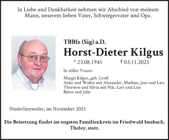 Traueranzeige von Horst-Dieter Kilgus von saarbruecker_zeitung