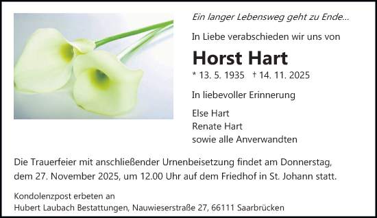 Traueranzeige von Horst Hart von saarbruecker_zeitung