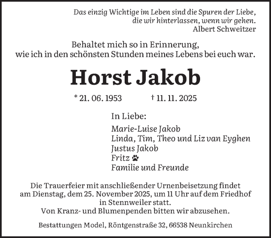 Traueranzeige von Horst Jakob von saarbruecker_zeitung