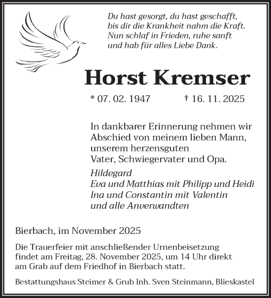 Traueranzeige von Horst Kremser von saarbruecker_zeitung