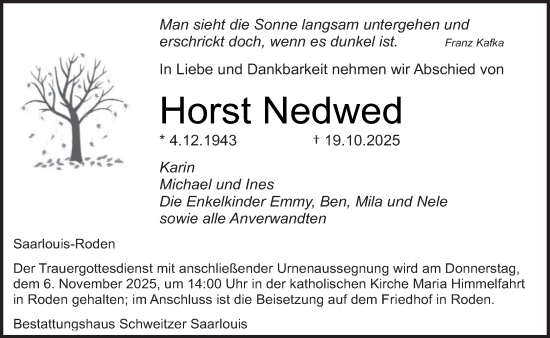 Traueranzeige von Horst Nedwed von saarbruecker_zeitung