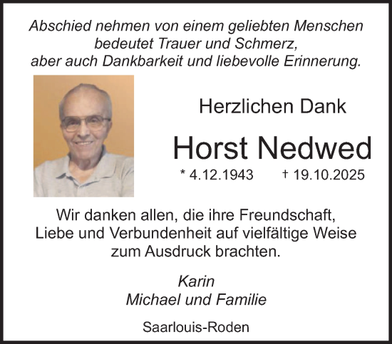 Traueranzeige von Horst Nedwed von saarbruecker_zeitung