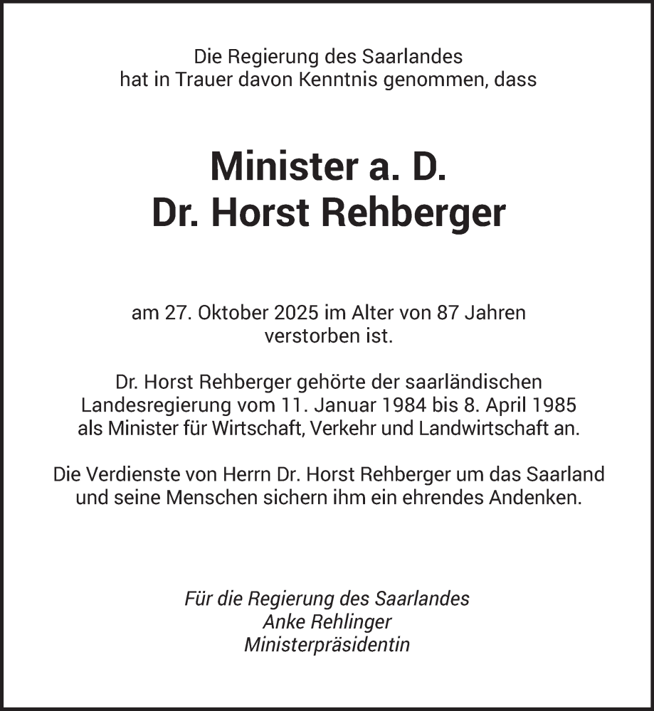  Traueranzeige für Horst Rehberger vom 31.10.2025 aus saarbruecker_zeitung