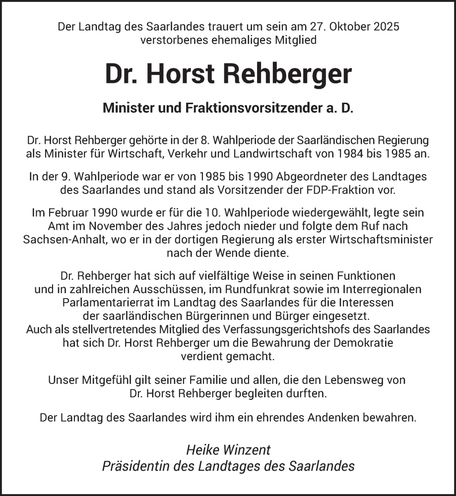  Traueranzeige für Horst Rehberger vom 31.10.2025 aus saarbruecker_zeitung