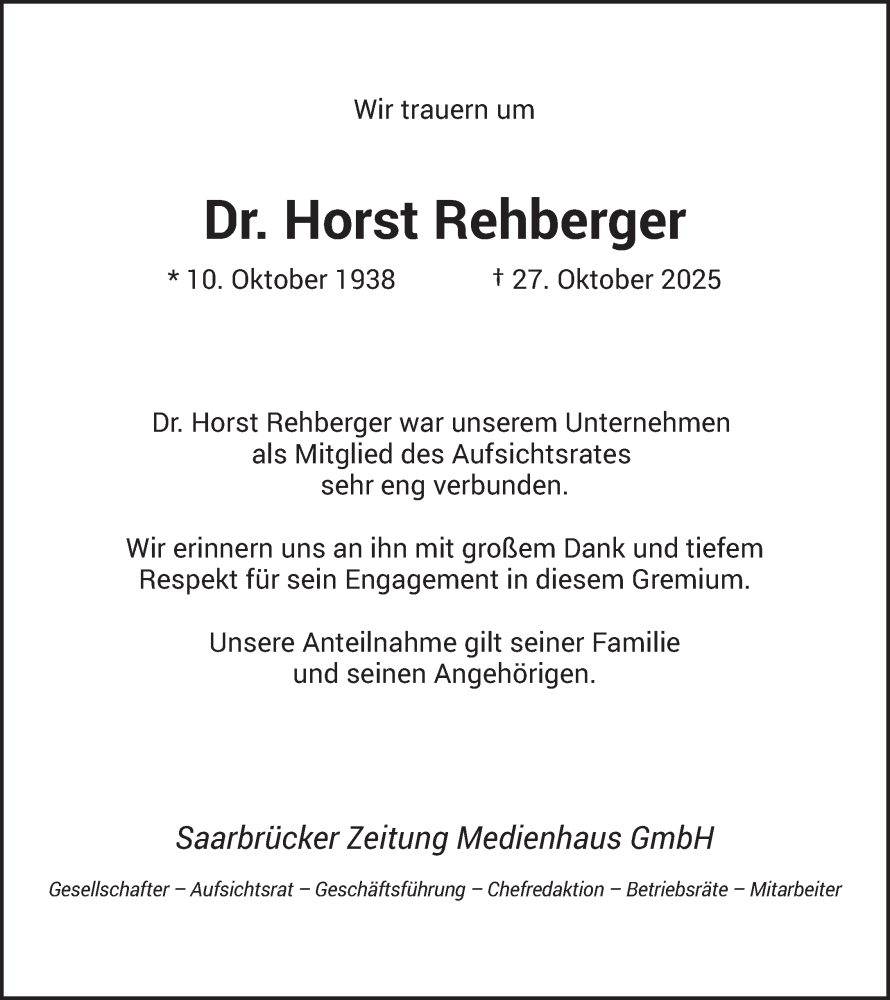  Traueranzeige für Horst Rehberger vom 31.10.2025 aus saarbruecker_zeitung