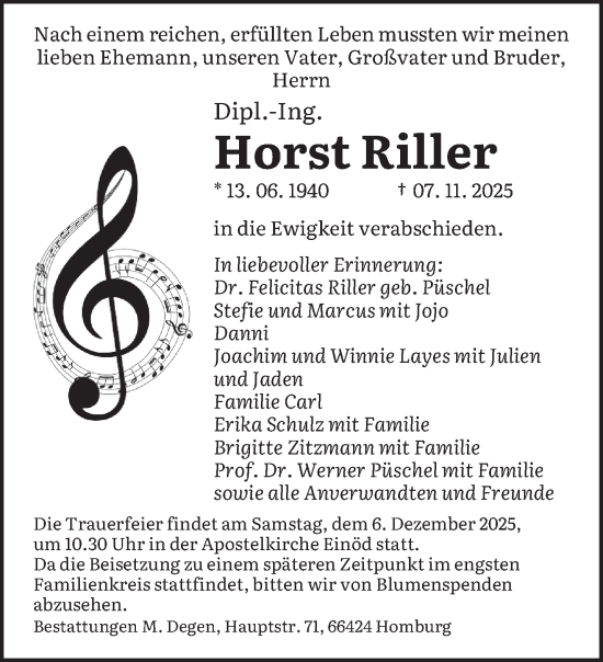 Traueranzeige von Horst Riller von saarbruecker_zeitung