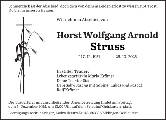 Traueranzeige von Horst Wolfgang Arnold Struss von saarbruecker_zeitung