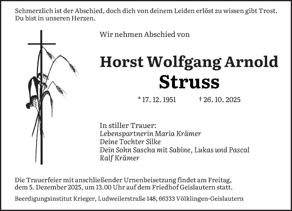  Traueranzeige für Horst Wolfgang Arnold Struss vom 29.11.2025 aus saarbruecker_zeitung