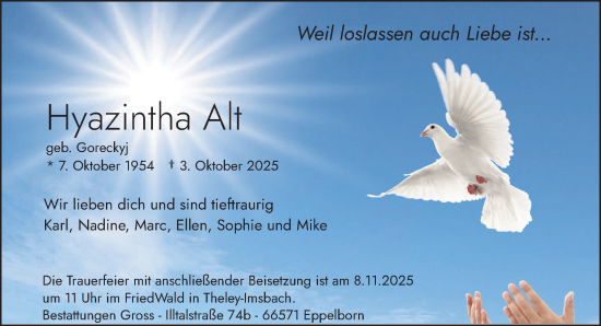 Traueranzeige von Hyazintha Alt von saarbruecker_zeitung