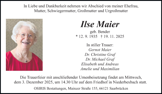 Traueranzeige von Ilse Maier von saarbruecker_zeitung