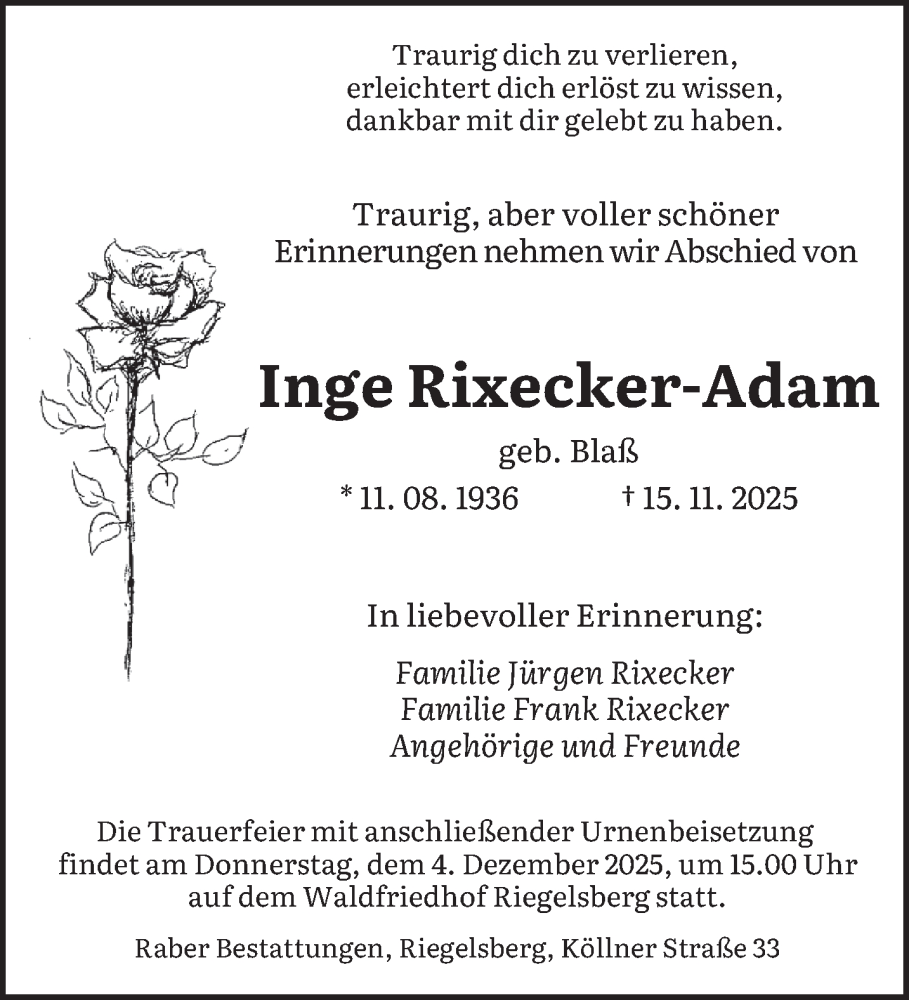  Traueranzeige für Inge Rixecker-Adam vom 22.11.2025 aus saarbruecker_zeitung