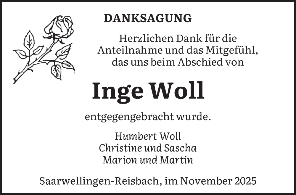  Traueranzeige für Inge Woll vom 22.11.2025 aus saarbruecker_zeitung