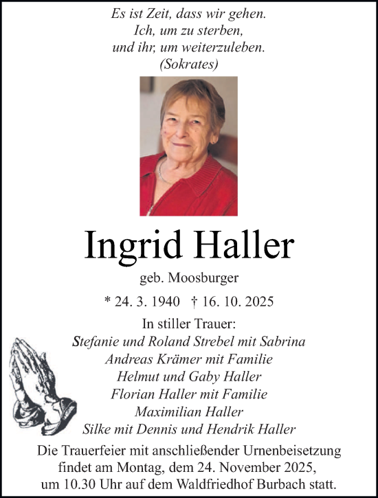 Traueranzeige von Ingrid Haller von saarbruecker_zeitung