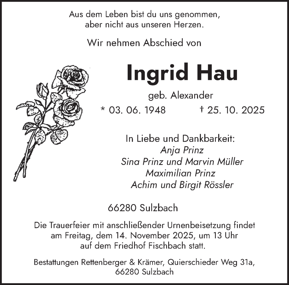  Traueranzeige für Ingrid Hau vom 12.11.2025 aus saarbruecker_zeitung