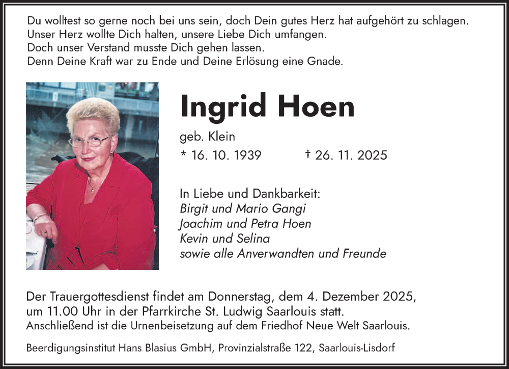  Traueranzeige für Ingrid Hoen vom 29.11.2025 aus saarbruecker_zeitung
