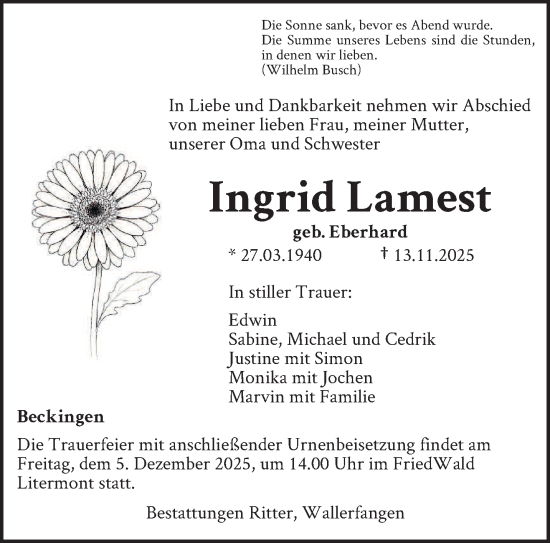 Traueranzeige von Ingrid Lamest von saarbruecker_zeitung