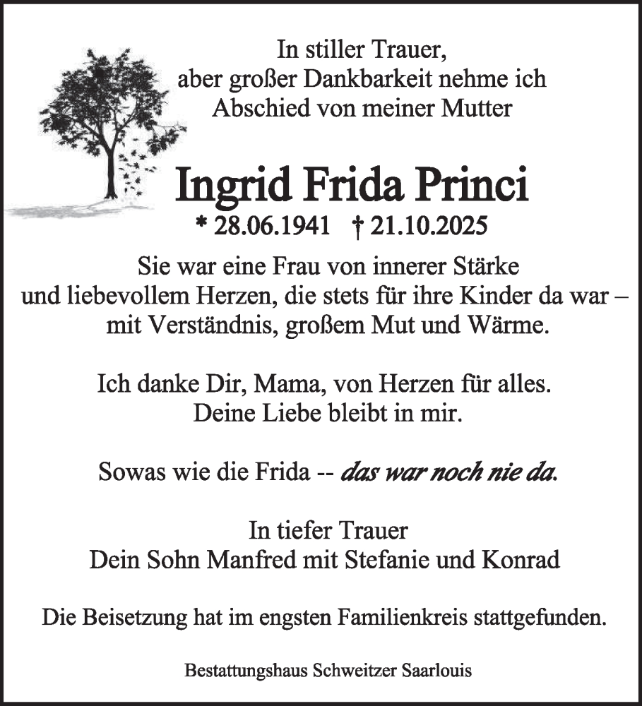  Traueranzeige für Ingrid Frida Princi vom 15.11.2025 aus saarbruecker_zeitung