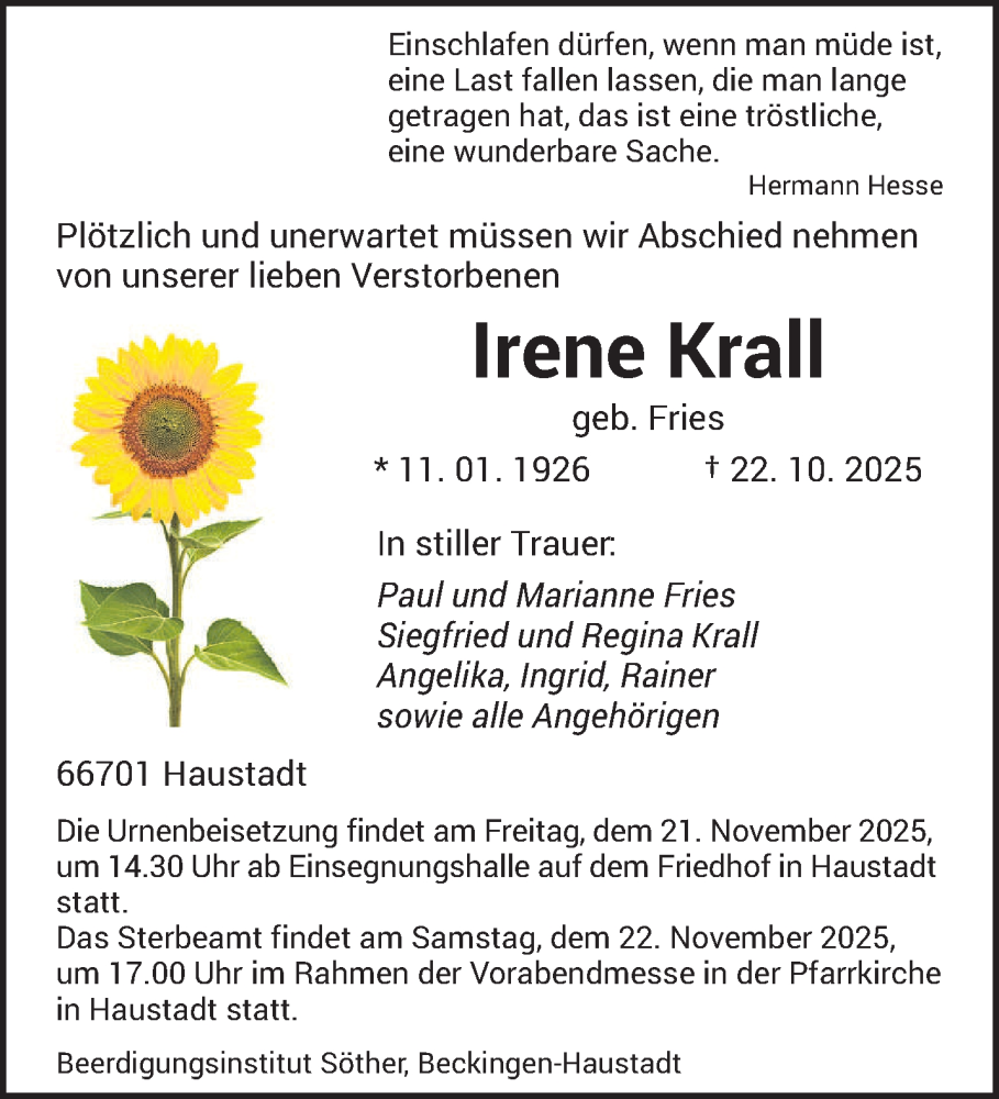 Traueranzeige für Irene Krall vom 15.11.2025 aus saarbruecker_zeitung